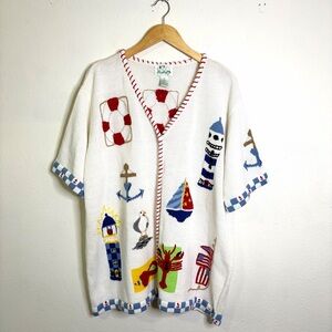 Quacker Factory vintage 90s Red White Knit Cardigan nautical Americana sz 2x
